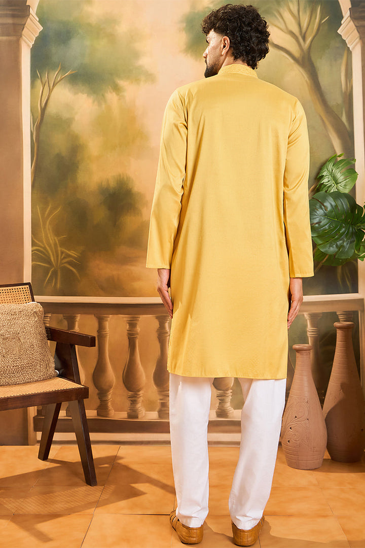 Yellow Silk Blend Solid Embroidered Straight Kurta | SHOBITAM