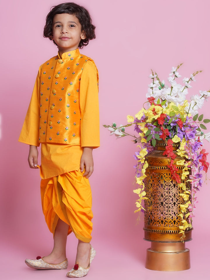 Choti Buti Floral Bundi Jacket with Dhoti Kurta - Yellow | SHOBITAM