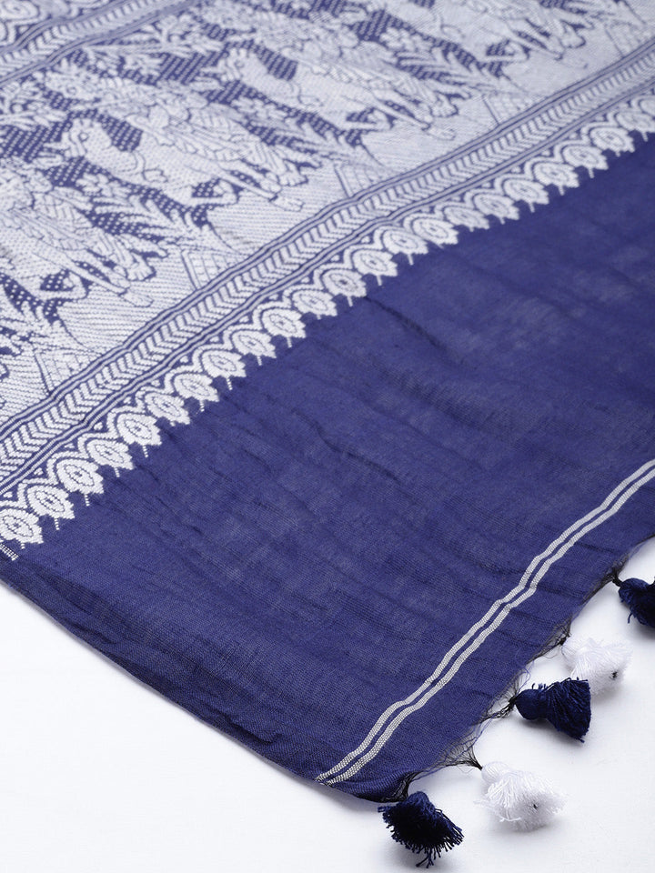 Indigo White Baluchari Silk cotton Dupatta | SHOBITAM