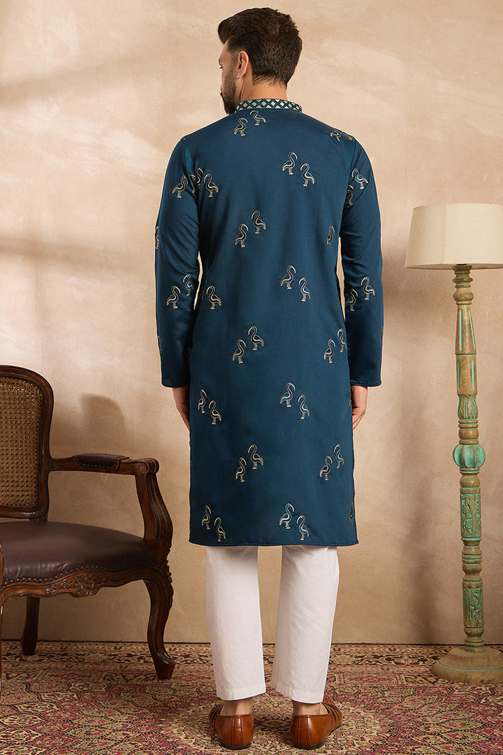 Navy Blue Silk Blend Solid Embroidered Straight Kurta With Trouser For Men | SHOBITAM