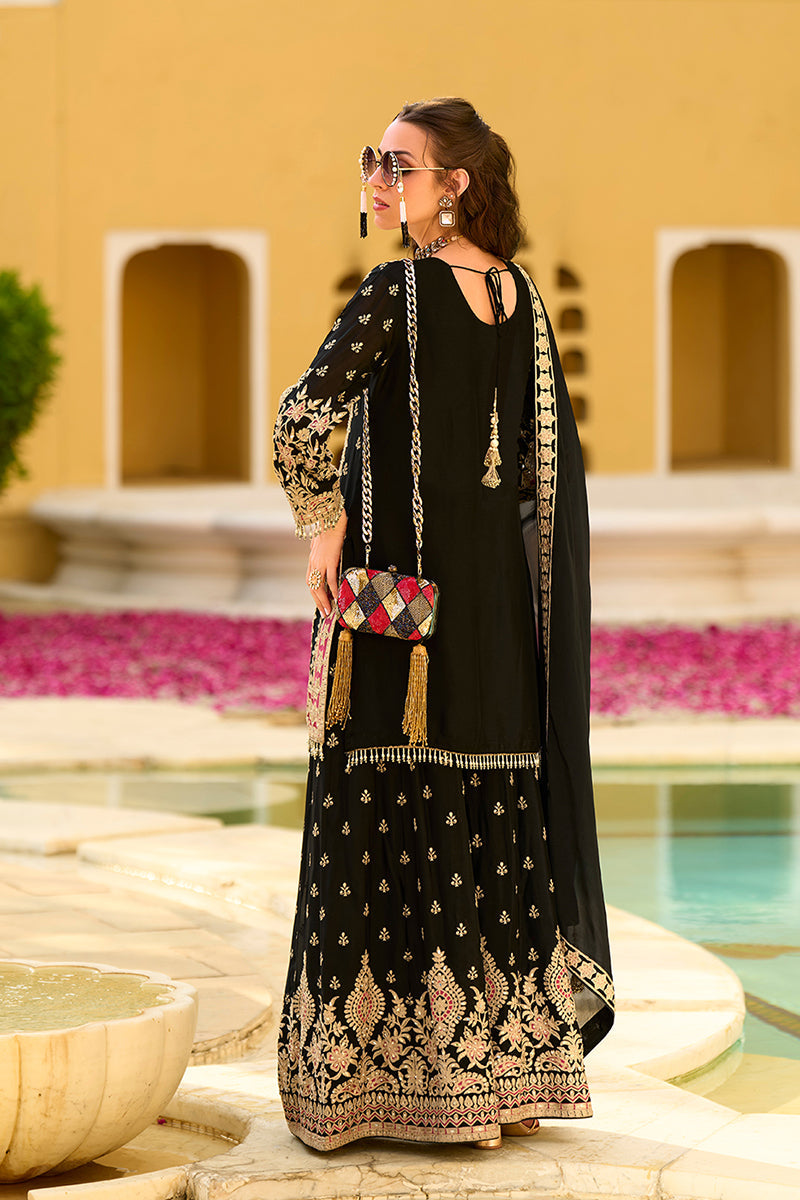 Black Chinon Chiffon Embroidered Straight Kurta Sharara with Dupatta| SHOBITAM