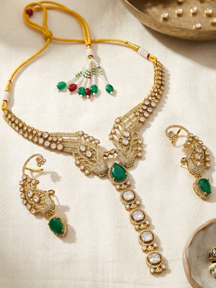 Peacock Design Kundan Necklace Set with Green Stone | Shobitam