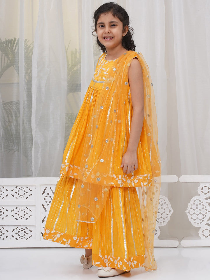 Girls Cotton Sleeveless White Thread Floral Embroidery Kurta Frock with Sharara and Dupatta - Haldi Yellow | SHOBITAM