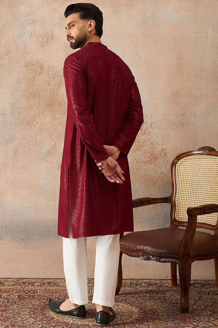 Maroon Rayon Embroidered Straight Kurta | SHOBITAM