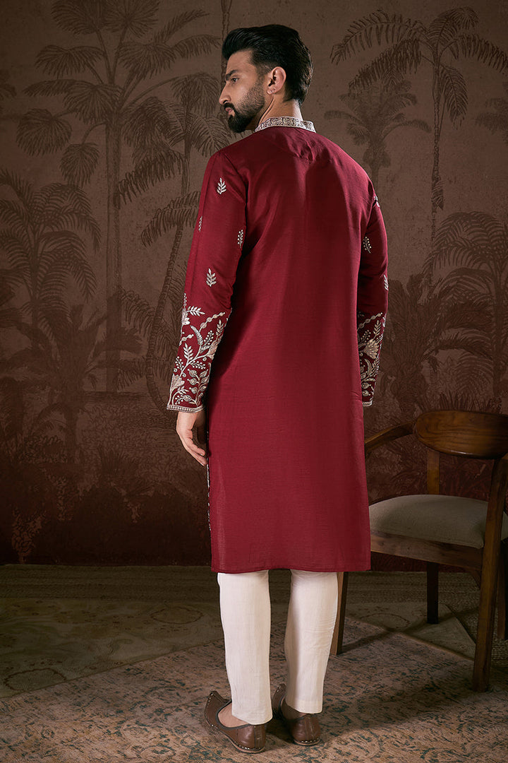 Maroon Silk Blend Solid Embroidered Straight Kurta For Men | SHOBITAM