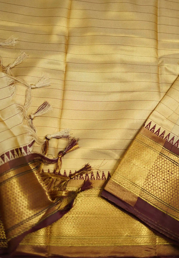 Beige Semi gadwal Saree with Maroon Contrast and Zari detailing| SHOBITAM
