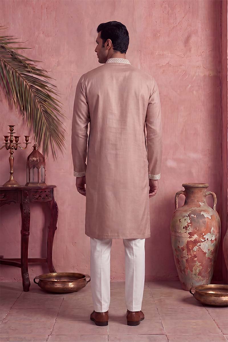 Mens Pink Silk Blend Solid Embroidered Kurta With Trousers | SHOBITAM
