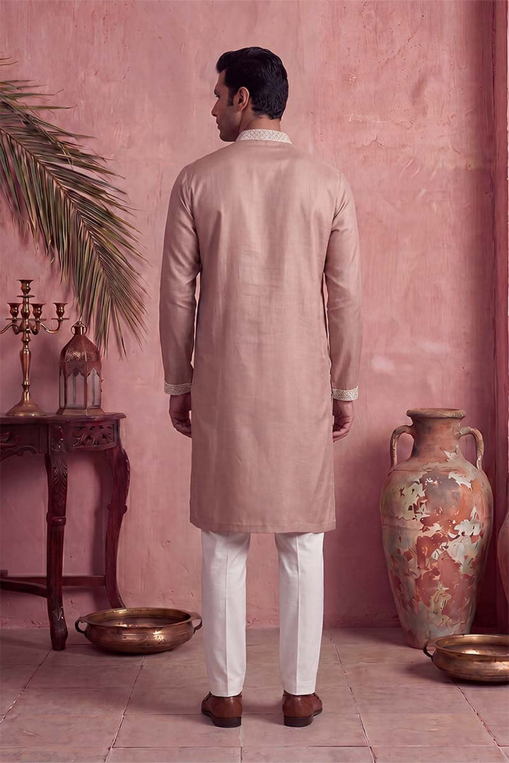 Mens Pink Silk Blend Solid Embroidered Kurta With Trousers | SHOBITAM