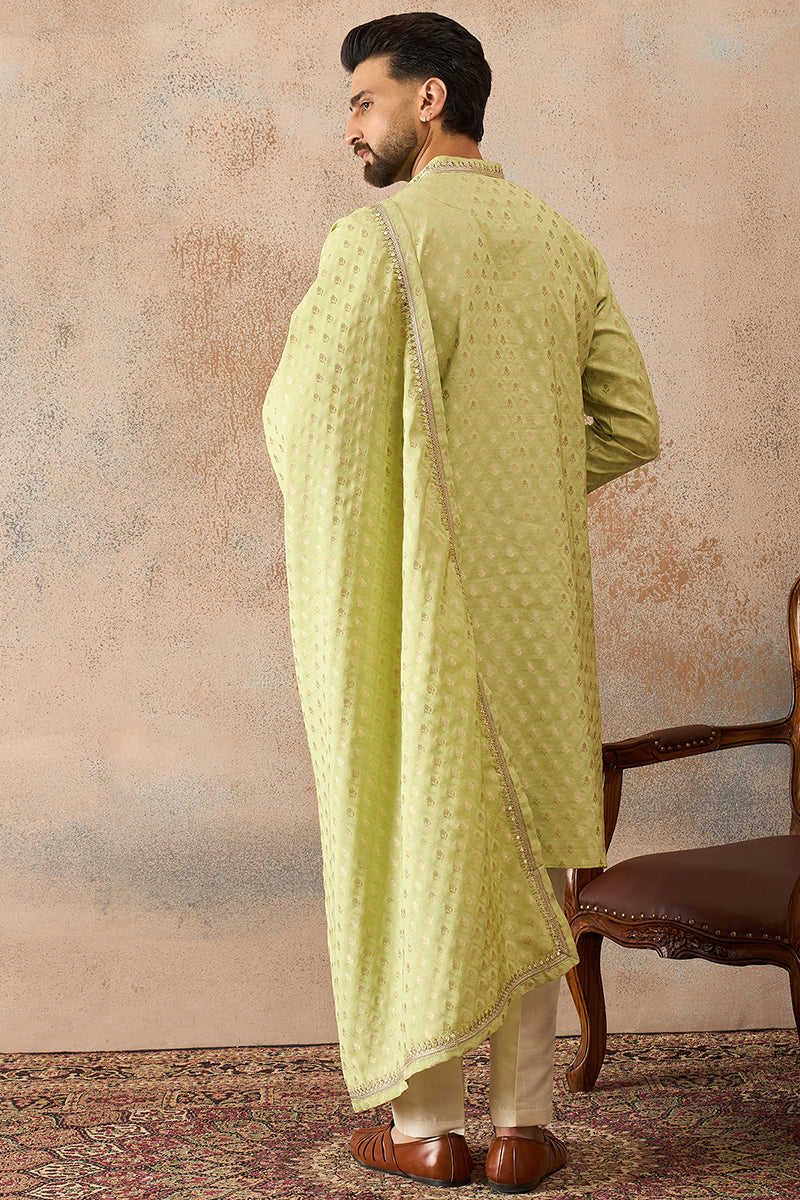 Men Green Jacquard Woven Design Floral Straight Kurta Sets  | SHOBITAM