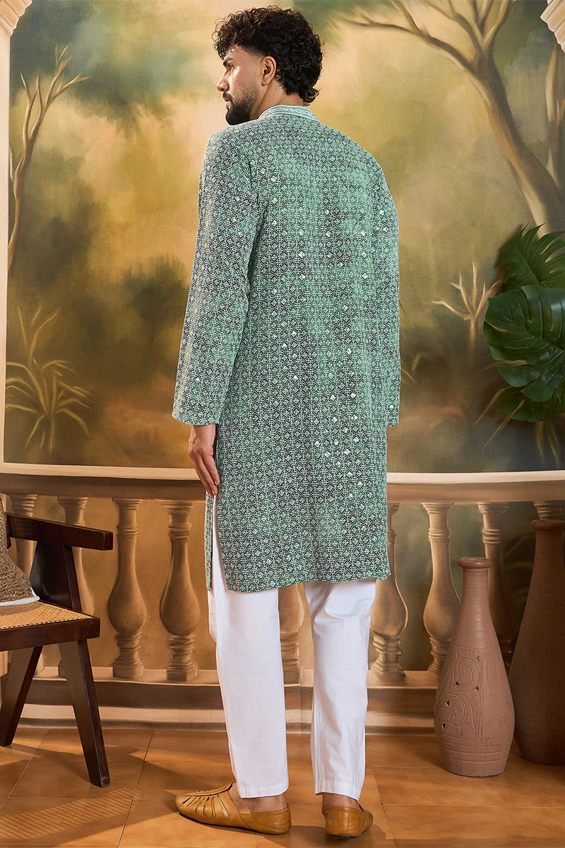 Green Viscose Rayon Shibori Embroidered Straight Kurta with Trouser  | SHOBITAM