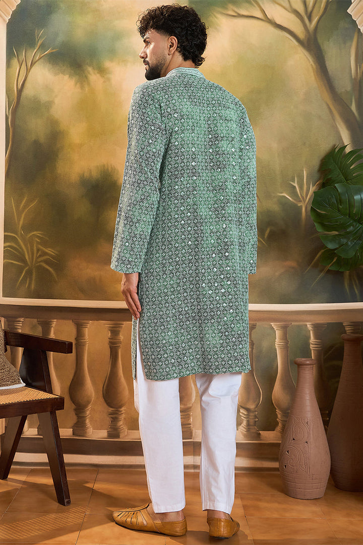 Green Viscose Rayon Shibori Embroidered Straight Kurta with Trouser  | SHOBITAM