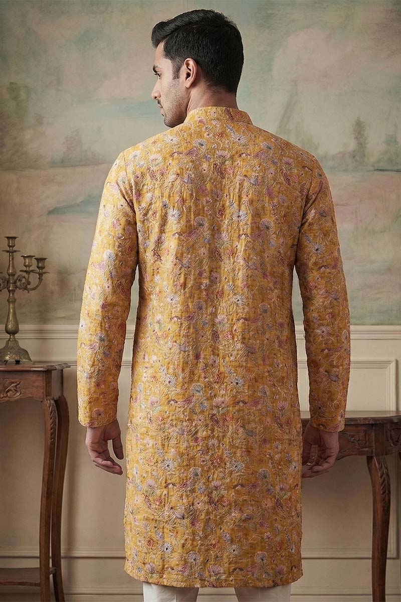 Mustard Silk Blend Printed Straight Kurta | SHOBITAM