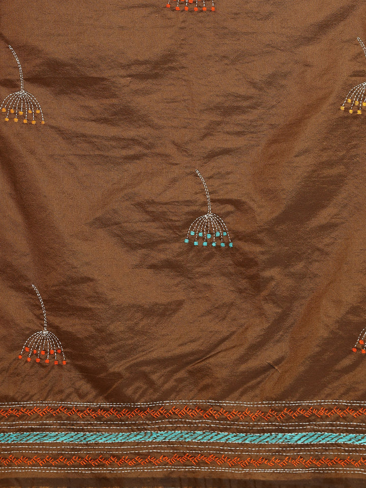 Dark Brown Mocha Art Silk Kantha Stitch Saree with Blouse Piece | SHOBITAM