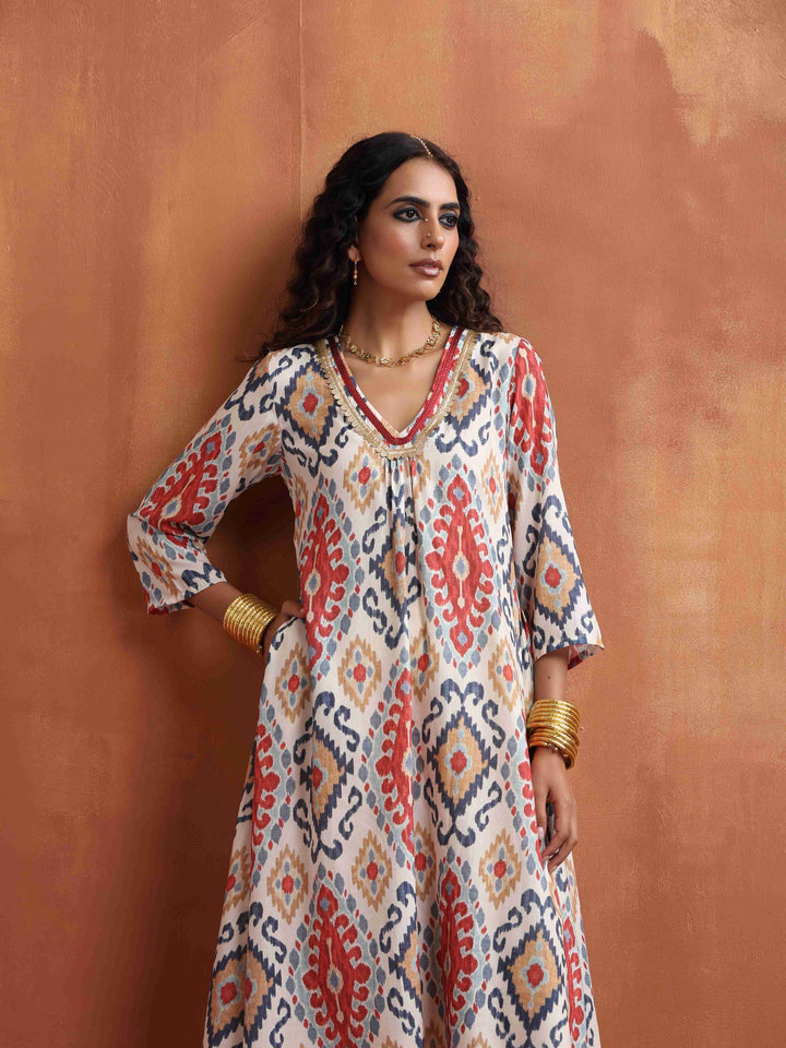Off White Ikat Print Kurta Set  | SHOBITAM