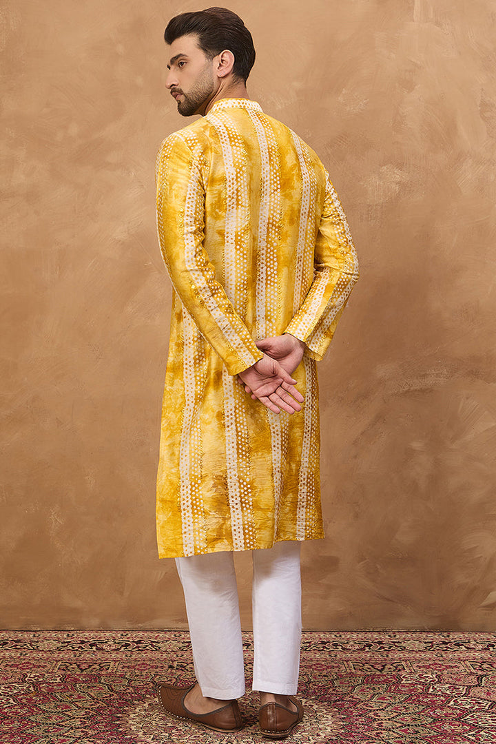Yellow Silk Blend Shibori Embroidered Straight Kurta | SHOBITAM