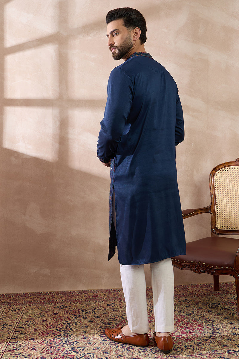 Navy Blue Silk Blend Embroidered Mandarin Collar Straight Kurta For Men | SHOBITAM