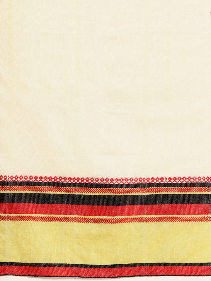 White Green Red Cotton Saree with Blouse piece | SHOBITAM