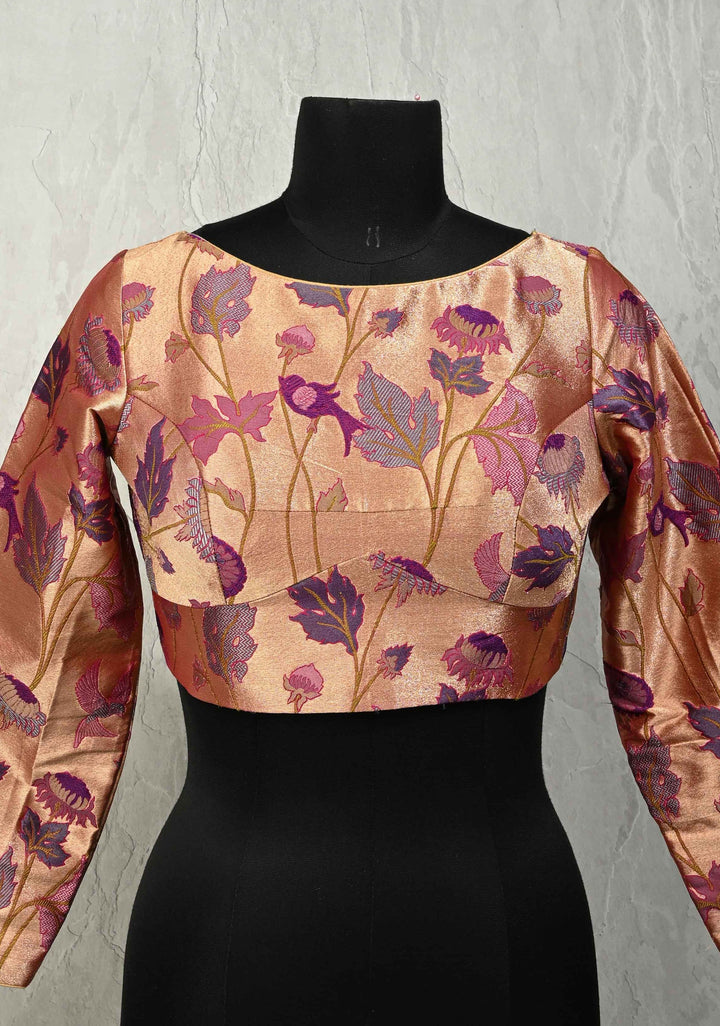 SIZE 36" Rose Gold Paithani Style  Boat Neck Blouse with Meenakari  Pichwai Semi Silk Brocade and Full Sleeves