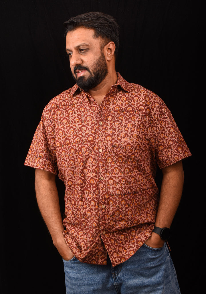 Maroon Brown Kalamkari Handblock Printed Cotton Mens Shirt Dheeran