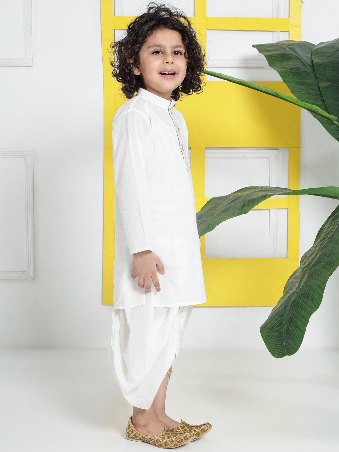 Cream Minimal Zari Embroidery Cotton Kurta Dhoti set | SHOBITAM