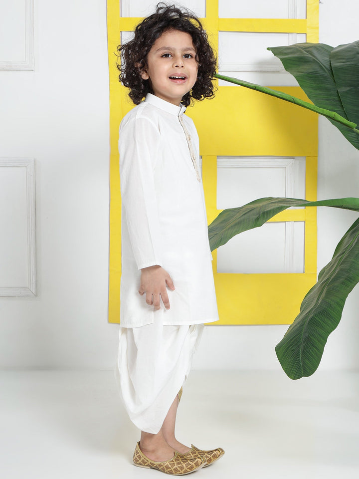 Cream Minimal Zari Embroidery Cotton Kurta Dhoti set | SHOBITAM