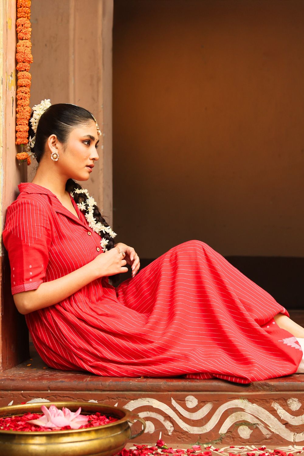 Red and White Temple Jamdani Pujo Kurta Set | SHOBITAM