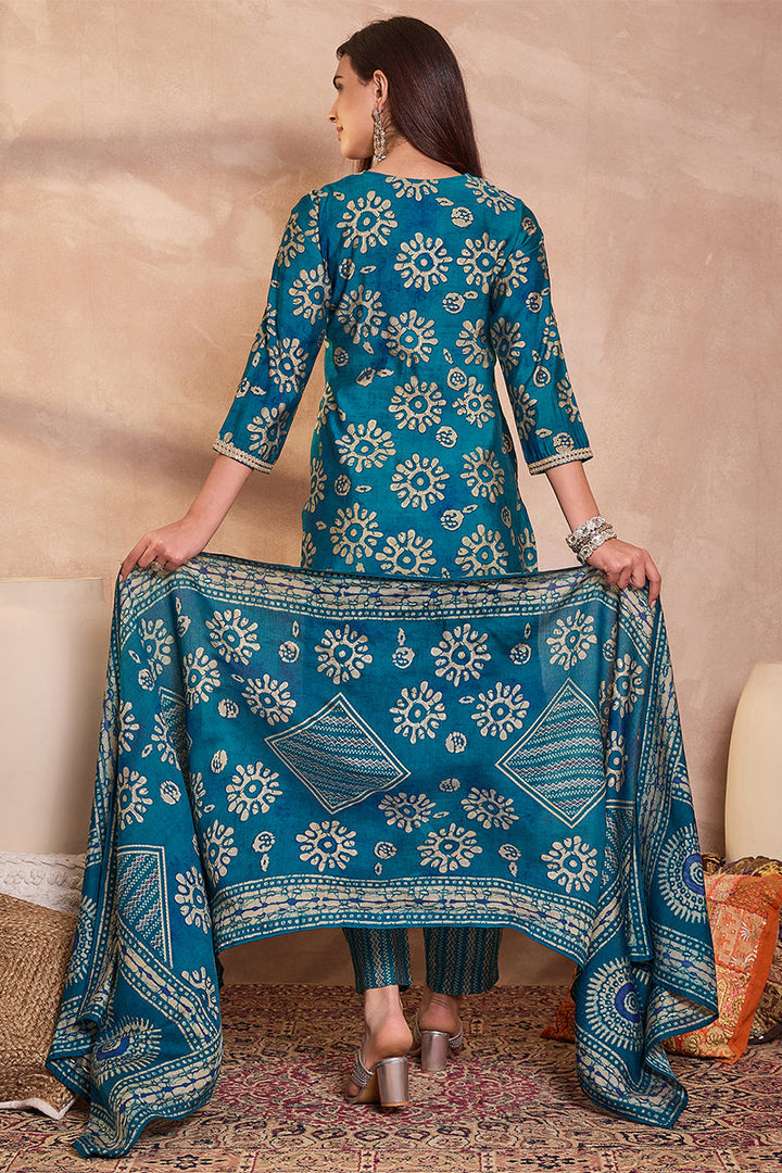 Blue Rayon Blend Floral Printed Straight Kurta Trouser With Dupatta | SHOBITAM