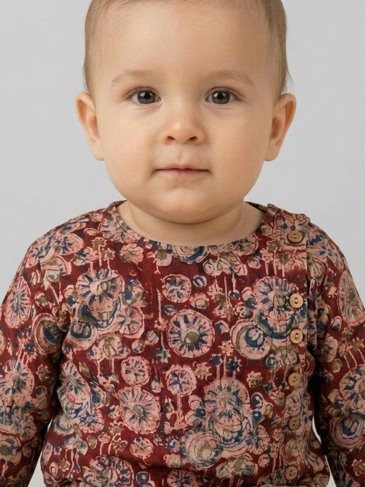 Boys Maroon Floral Printed Cotton Angrakha Style Dhoti Set | SHOBITAM