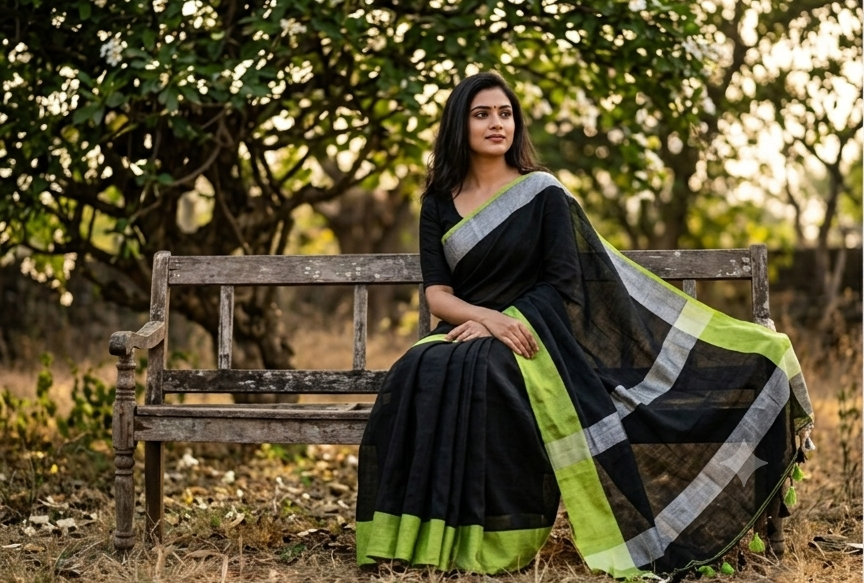 Black and Leaf Green Wide Border Linen by Linen Saree | SHOBITAM