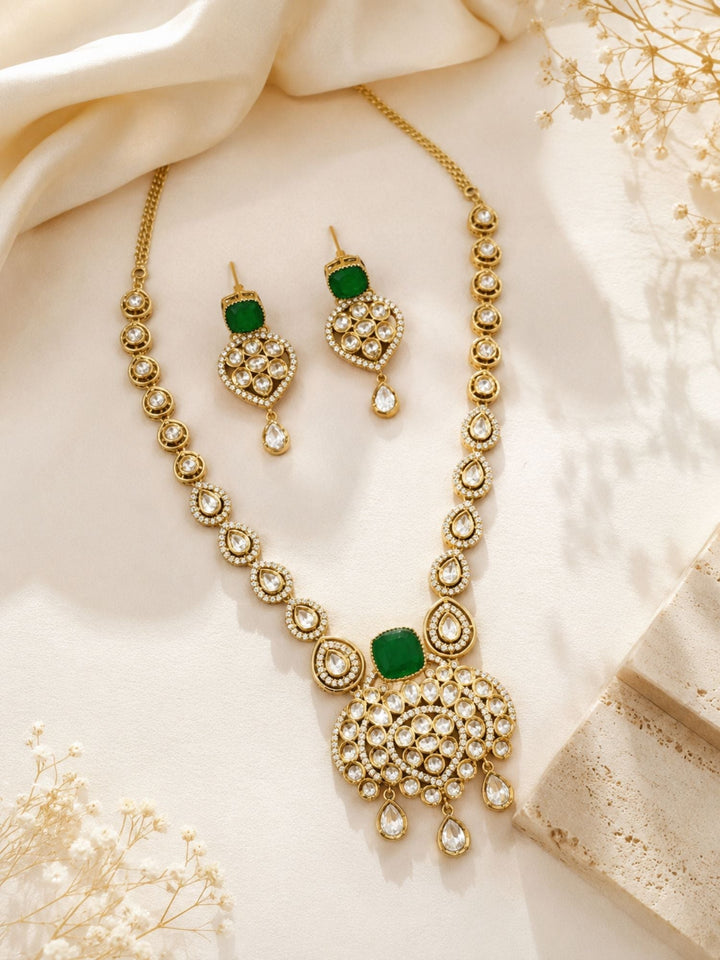 Green Kundan Pendant Necklace Set in Gold Plating | SHOBITAM