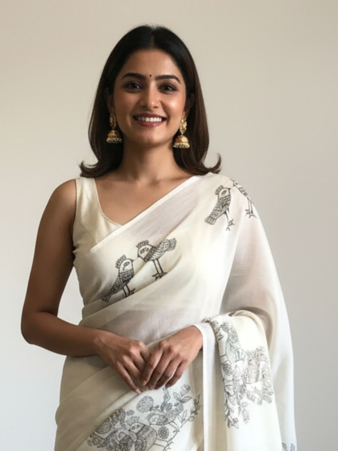Handloom Cream Black Bird Print Saree | SHOBITAM