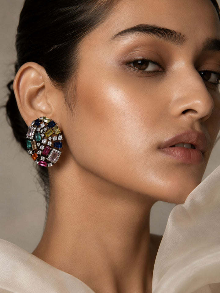 Multicolor Crystal Stud Black Rhodium Earrings | SHOBITAM