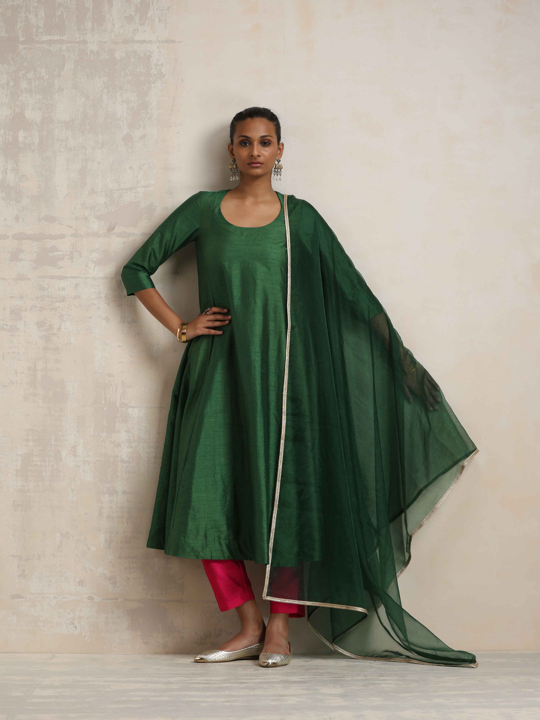 Dark Green Anarkali Kurta Pant Dupatta Set | SHOBITAM