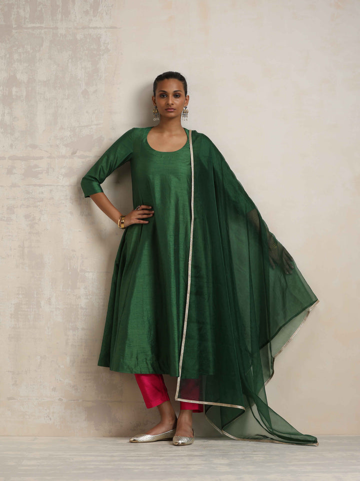 Dark Green Anarkali Kurta Pant Dupatta Set | SHOBITAM