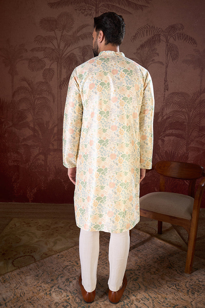 Off White Silk Blend Floral Printed Straight Kurta For Men | SHOBITAM