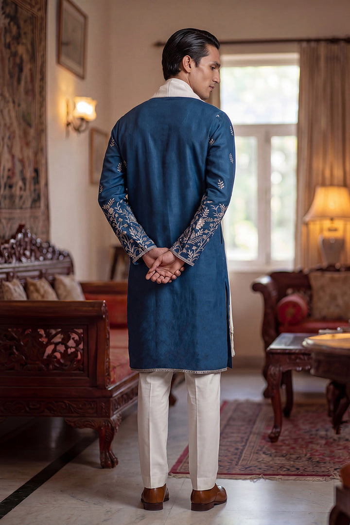 Men Blue Chanderi Silk Solid Embroidered Straight Kurta Trouser with Dupatta  | SHOBITAM