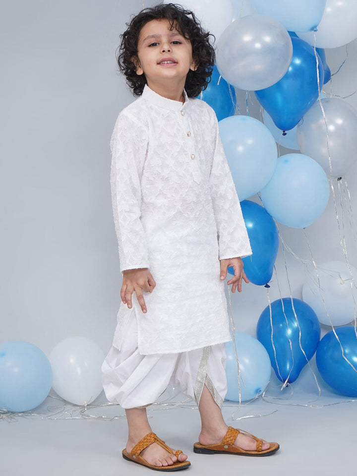 Boys Cotton Full Sleeves Self Weaving Kurta with Dhoti and Pearl Buttons - White | SHOBITAM