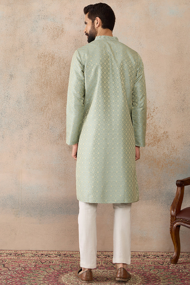 Mens Teal Jacquard Ethnic Motifs Embroidered Kurta | SHOBITAM