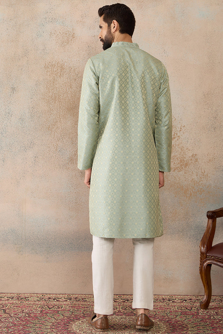Mens Teal Jacquard Ethnic Motifs Embroidered Kurta | SHOBITAM