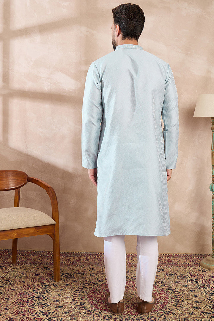 Blue Silk Blend Solid Woven Design Straight Kurta For Men | SHOBITAM