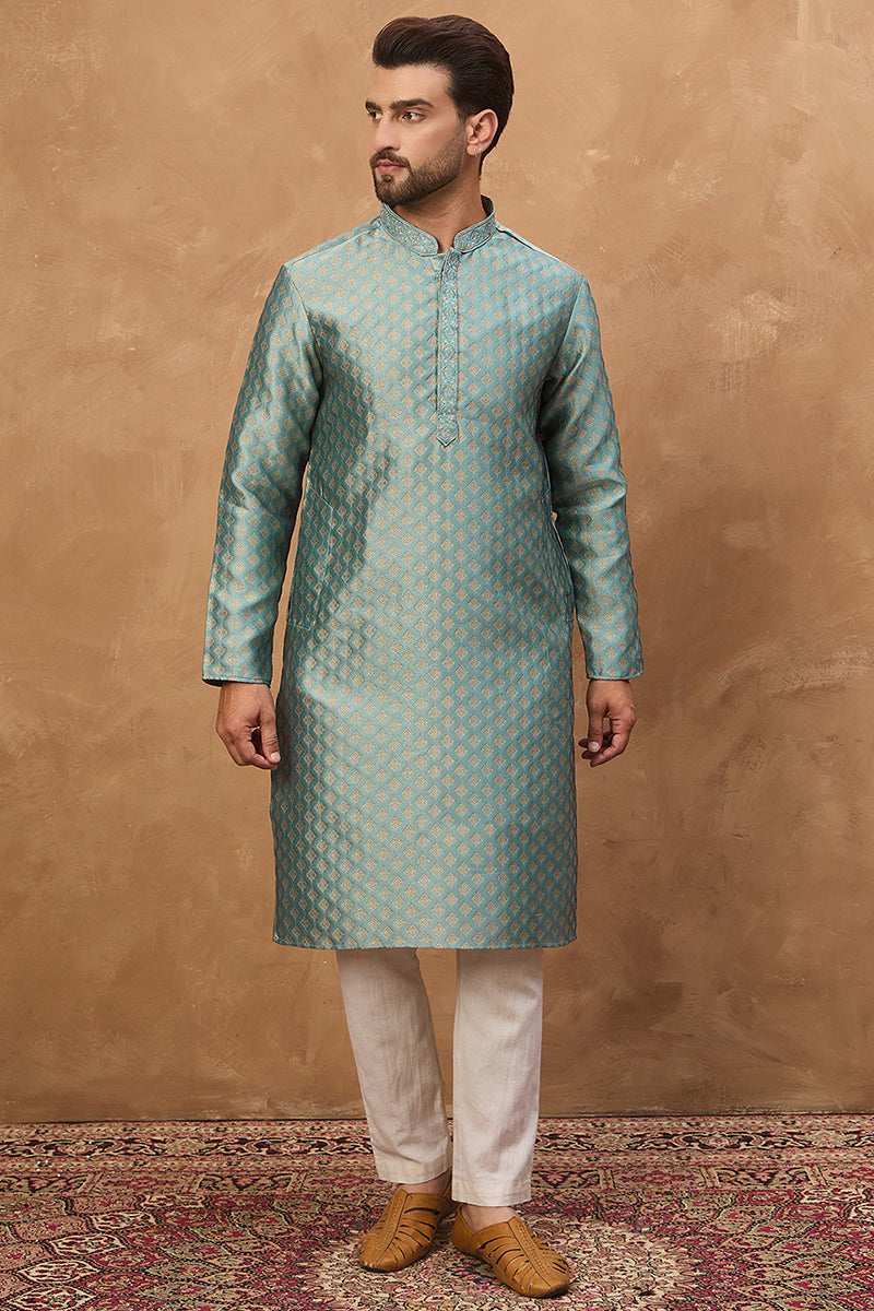 Blue Silk Blend Solid Woven Design Straight Kurta | SHOBITAM