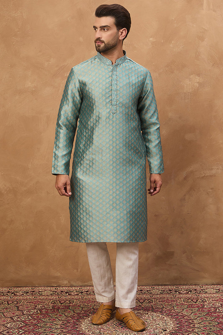 Blue Silk Blend Solid Woven Design Straight Kurta | SHOBITAM