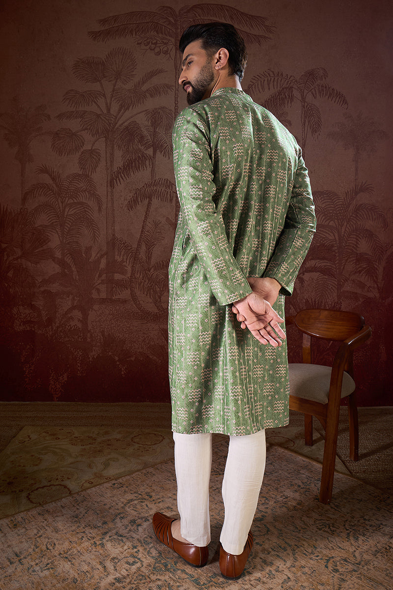 Green Silk Blend Ethnic Motifs Printed Straight Kurta For Men | SHOBITAM