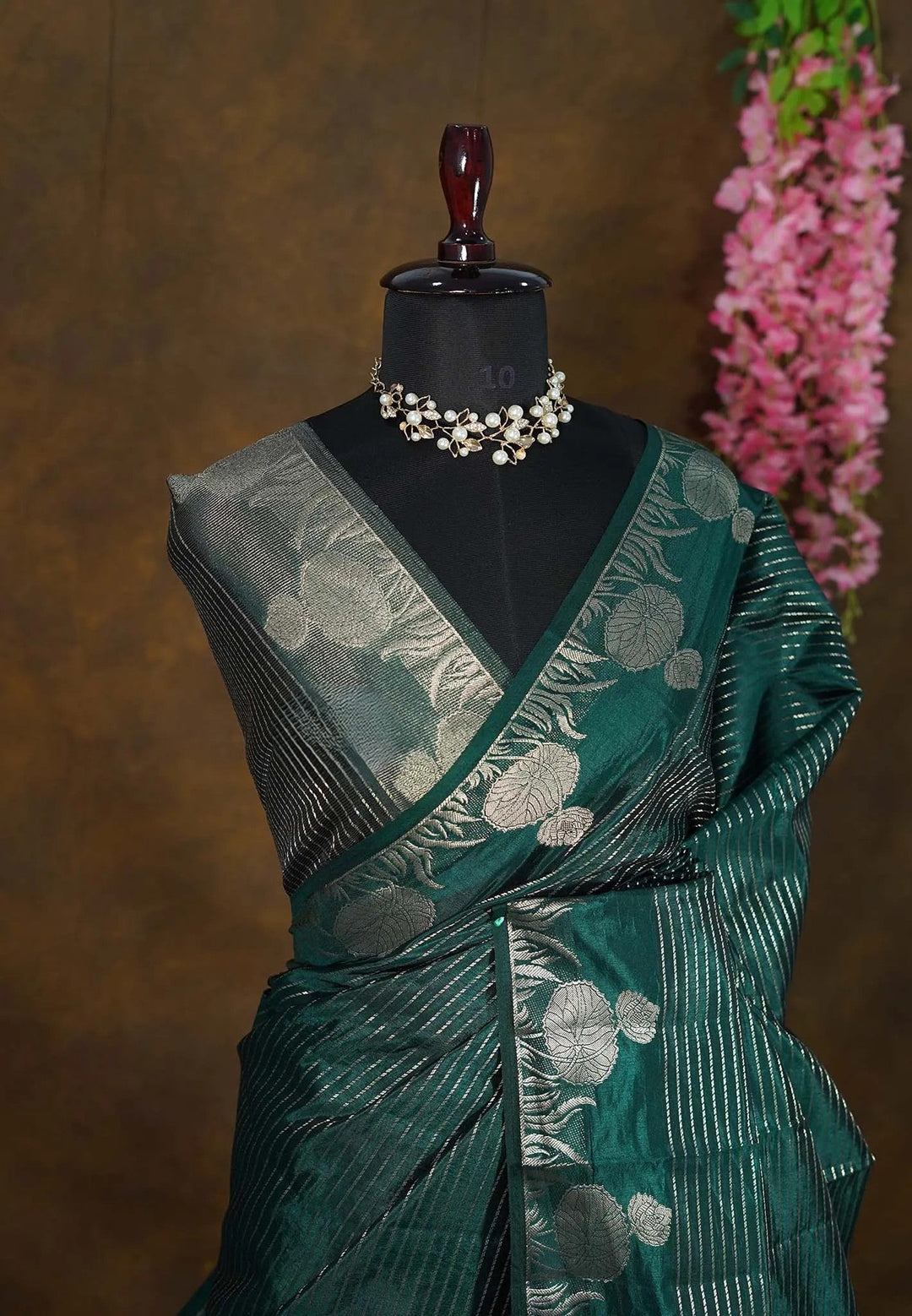 Hunter Green Zari Stripes Art Silk Saree with Zari detailing| SHOBITAM