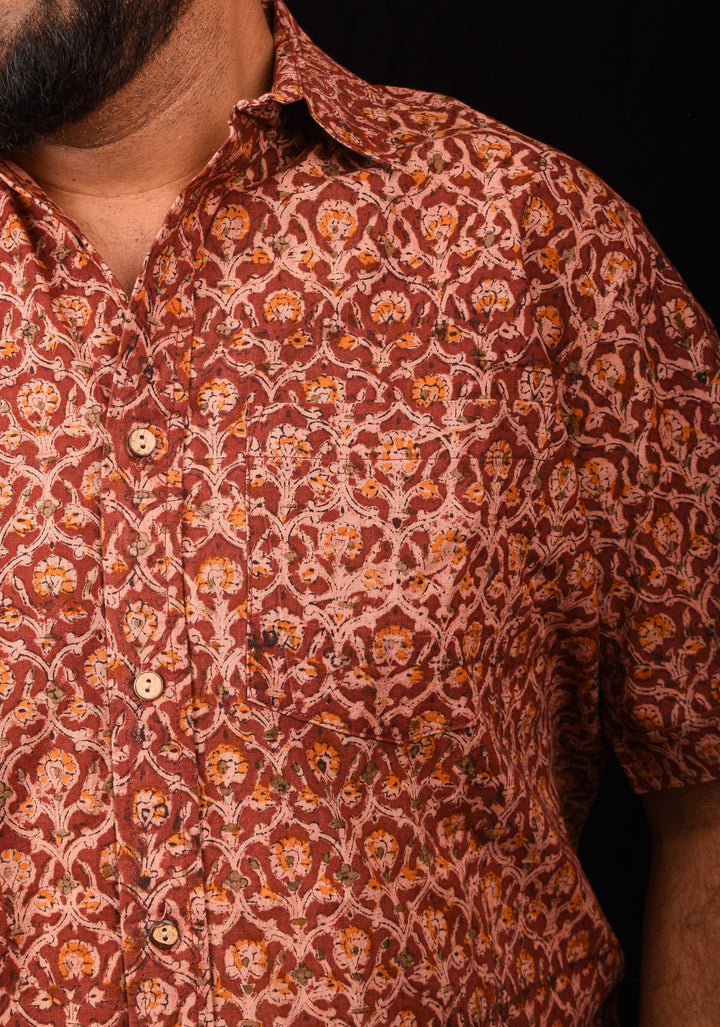 Maroon Brown Kalamkari Handblock Printed Cotton Mens Shirt Dheeran