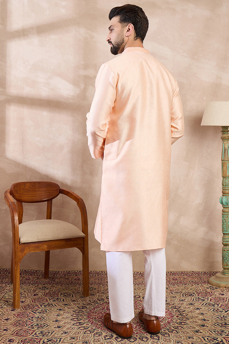 Peach Silk Blend Solid Embroidered Straight Kurta For Men | SHOBITAM