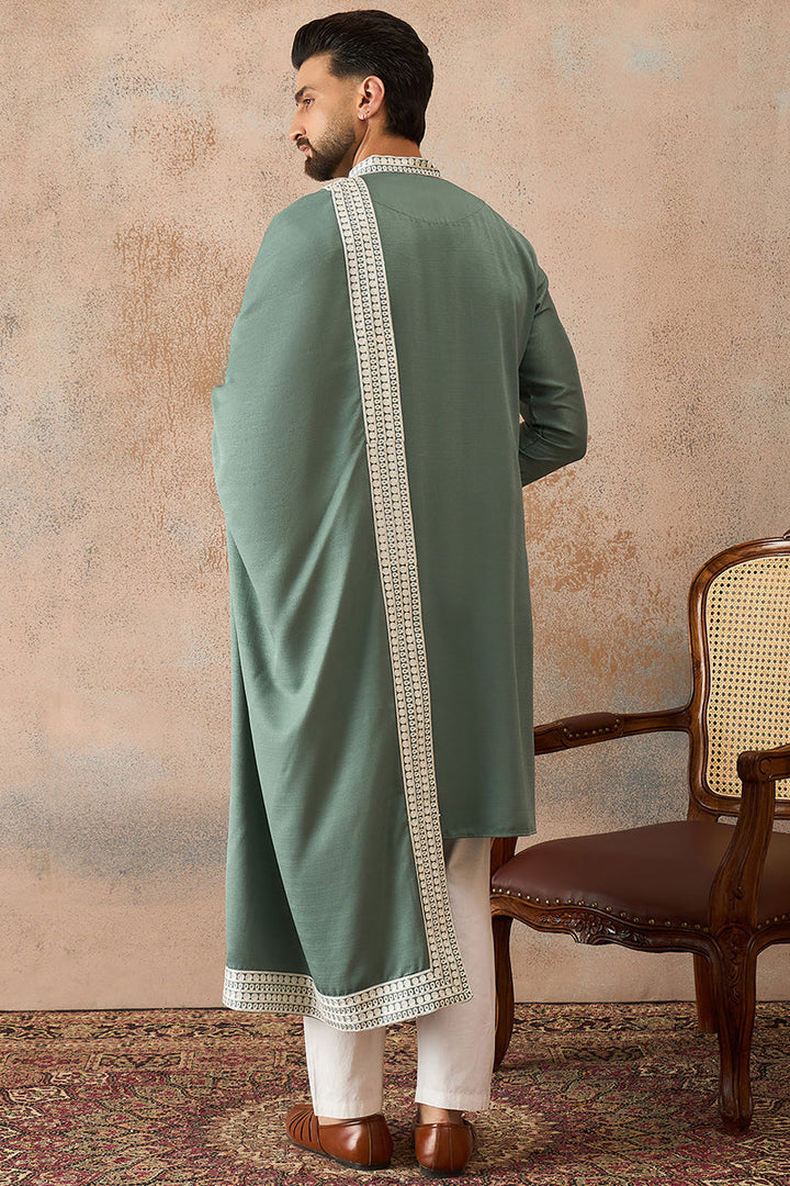 Mens Green Silk Blend Solid Embroidered Kurta Trouser With Dupatta | SHOBITAM
