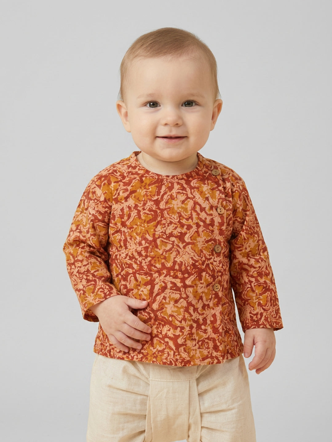 Boys Rust Orange Floral Printed Cotton Angrakha Style Dhoti Set | SHOBITAM