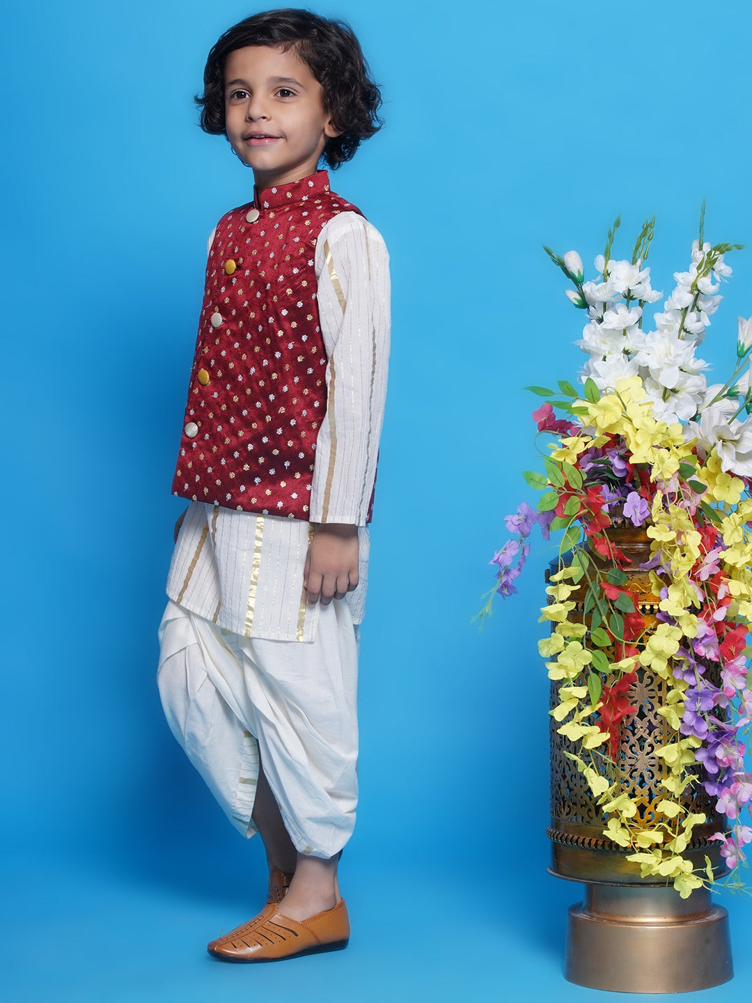 Chand Sitare Nehru Jacket with Cotton Dhoti Kurta - Cream & Maroon | SHOBITAM