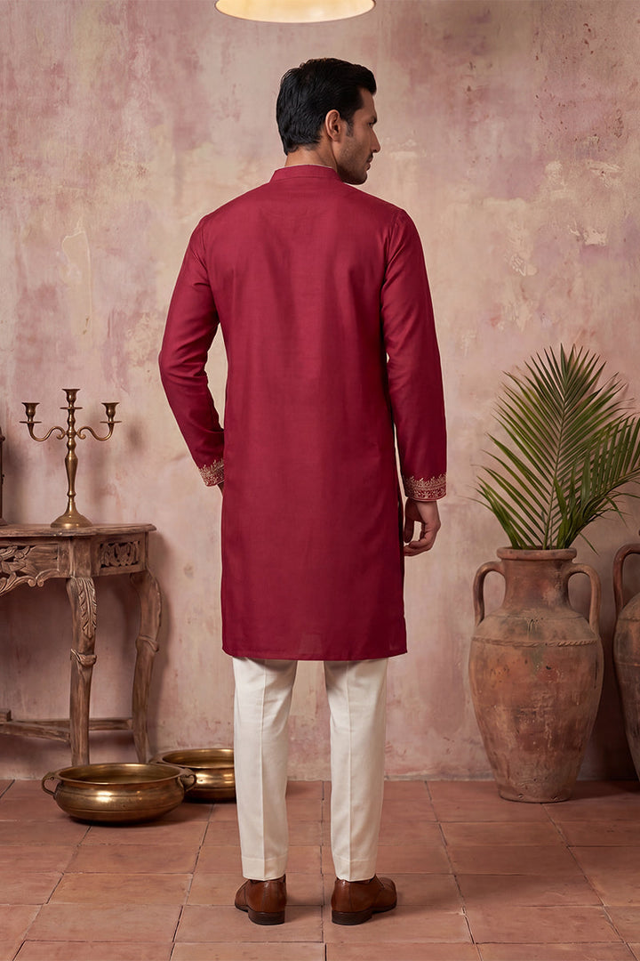 Mens Red Silk Blend Solid Emboidered Straight Kurta With Trouser | SHOBITAM